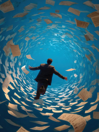 A business professional appears to be running in a blue vortex filled with fluttering papers, symbolizing chaos and stress in a surreal environment.の素材