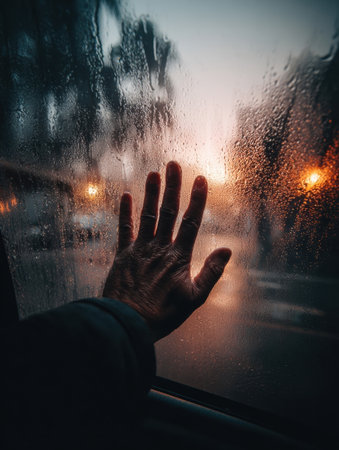 A hand gently presses against a misty car window at twilight, raindrops glistening while city lights create a warm glow in the background.の素材