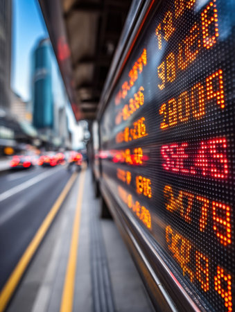 A bright stock market board displays changing prices on a busy city street filled with vehicles and pedestrians in daylight.の素材