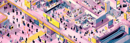 A vibrant exhibition space teeming with attendees exploring various booths, engaging in discussions, and networking in a busy atmosphere filled with activity.の素材