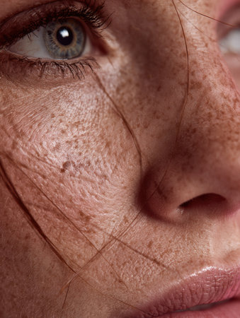 Close-up view highlights skin with imperfections and prominent veins, focusing on unique features and raw beauty in a natural setting.の素材