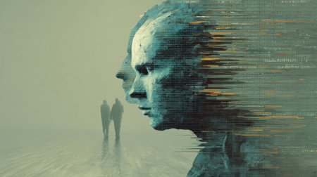 Two abstract figures are depicted in a dimly lit environment, gradually merging with a wall of digital code as two silhouettes walk in the distance.の素材