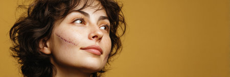 In a warm yellow setting, a young woman with a facial scar exudes confidence, engaging the viewer as she reflects on her journey.の素材