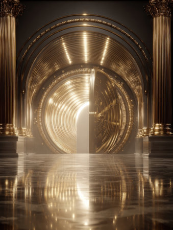 A stunning golden doorway stands in a lavish hall, reflecting light off polished floor marbles while showing exquisite architectural details.の素材