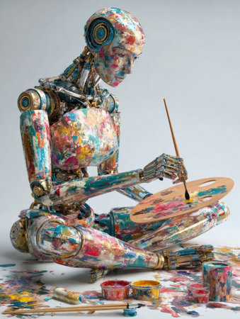 A humanoid robot with a colorful, paint-splattered body focuses on painting on a palette while surrounded by art supplies in a contemporary studio setting.の素材