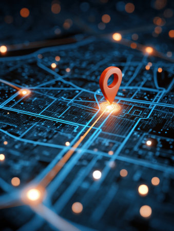 Digital urban map with illuminated pathways and a red location pin indicating a specific point, creating an engaging night-time navigational view.の素材