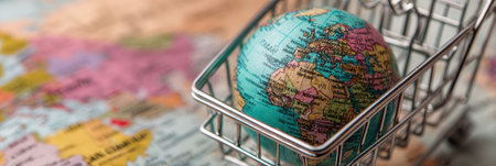 A small globe is inside a shopping cart, positioned on a colorful world map, representing global travel and exploration opportunities.の素材