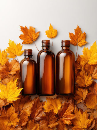 Amber bottles of varying sizes rest among freshly fallen orange and yellow maple leaves, capturing the essence of autumn and seasonal change.の素材