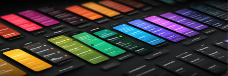 Colorful app screens are shown in rows, each showingcasing features and themes to enhance user interaction and design.の素材
