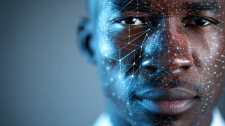 A man looks intensely at the camera while digital lines and nodes of facial recognition technology appear on his face, creating a futuristic vibe.の素材