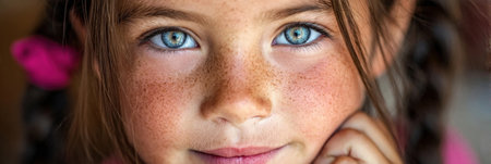 A young girl with striking blue eyes and freckles rests her chin on her hand, smiling warmly in a softly lit indoor environment.の素材