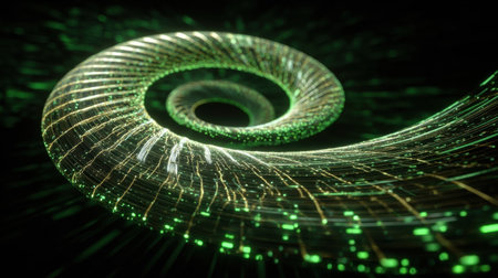 A spiral structure made of vibrant green light beams twists and turns, creating a captivating visual display in a dark environment.の素材