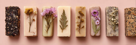 Colorful handcrafted soaps are arranged neatly with various dried flowers and herbs on a pastel surface, representing organic and natural wellness.の素材