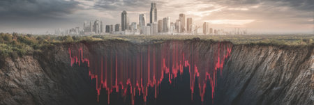 A city skyline is contrasted with an expansive fissure in the ground, displaying red visual data. The scene captures an intriguing mix of urban life and nature.の素材