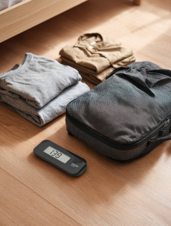 A packed bag beside folded shirts indicates preparation for a weekend getaway, with a digital scale to check weight on a wooden floor.の素材