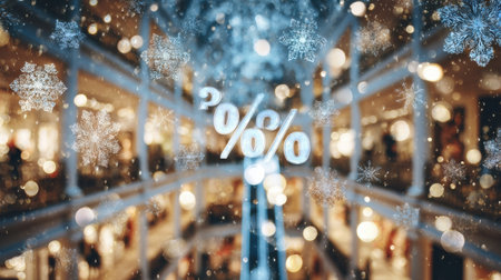 Shoppers enjoy the lively atmosphere in a mall filled with holiday lights, discounts, and snowflake decorations during the festive season.の素材