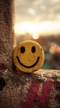 A yellow smiley face painted on a stone sits on a wall as the sun sets, casting warm light over the city and evoking feelings of happiness and positivity.の素材