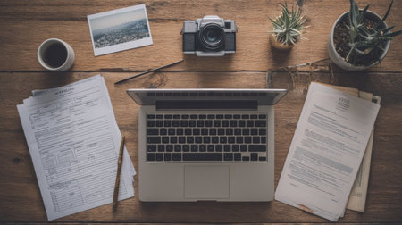 An organized workspace features a laptop, camera, coffee cup, and various documents arranged on a wooden table, complemented by small plants.の素材