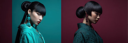 Creative portrayal of a modern Asian hairstyle with elegant accessories highlighted against a minimal gradient backdrop showcasing beauty and styleの素材
