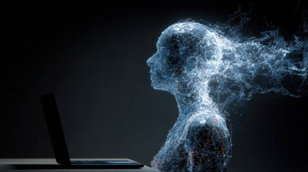 Human figure made of digital particles emerges from a laptop, illustrating the merging of technology and consciousness in a dark setting.の素材