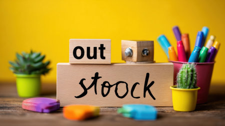 Brightly colored markers and miniature plants are arranged around a wooden desk with a prominent out of stock sign, creating an engaging workspace atmosphere.の素材