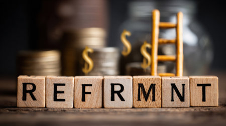 Wooden blocks spell out a word about financial reform near coins and a small ladder, representing growth and advancement in finance and investment areas.の素材