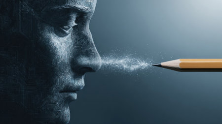 A digital art piece features a human face intricately designed with circuit patterns, while a pencil emits a cloud of digital particles, symbolizing creativity.の素材