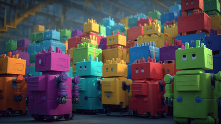 Clusters of colorful robotic toys stand in a bustling warehouse, showing their unique shapes and varied expressions under bright lighting.の素材