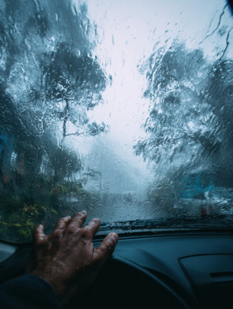 Water droplets obscure the view while a driver navigates through a dense rainstorm on a city road, creating a challenging driving experience.の素材