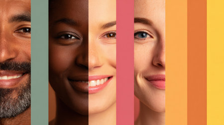 Faces displaying a range of skin tones showcase diversity and beauty on a plain background, offering a perfect canvas for text or messaging.の素材