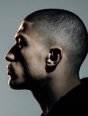 A profile view captures the sharp features of a person with a buzz cut illuminated by soft gradient lighting, with a blank space on the right.の素材