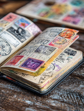 A beautifully arranged scrapbook filled with vintage postage stamps, each telling a unique story of travel and history, resting on a rustic wooden table.の素材