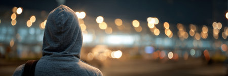 A person wearing a hoodie stands alone at night, observing the blurred city lights and busy street activity, creating a reflective atmosphere of solitude.の素材