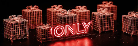 Bright red neon letters spell only, surrounded by decorative gift boxes, creating an inviting atmosphere for shoppers during the holiday season.の素材
