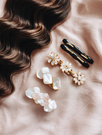 Wavy hair strands showcase a selection of stylish clip accessories placed on a soft fabric, adding texture and elegance to the flatlay compositionの素材