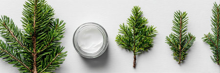 Pine needles are arranged alongside a small jar of creamy skincare product on a white surface, showing natural ingredients for beauty routines.の素材