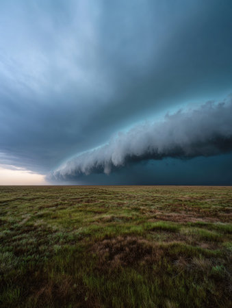 Massive dark storm clouds loom ominously over a grassy prairie, signaling the approach of a powerful thunderstorm during the evening hours.の素材