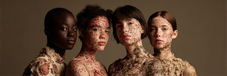 Models display intricate body art using natural materials, highlighting diversity and creativity in a neutral studio environment.の素材