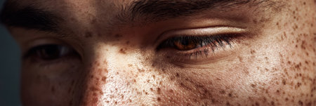 A young adult with prominent freckles looks thoughtfully into the distance, highlighting their expressive features and warm skin tones in soft lightの素材