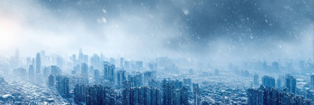 Snow blankets the city as heavy snowfall reduces visibility, creating a moody atmosphere over the skyline on a cold winter day.の素材