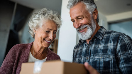Elderly couple smiles as they open a package indoors, sharing a moment of happiness and surprise in their comfortable living space.の素材