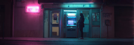 A person stands by an ATM in a lively city setting at night, surrounded by colorful neon lights and a quiet street atmosphere.の素材