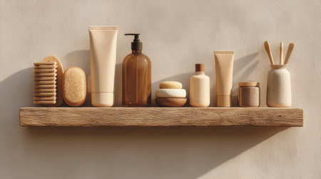 Various skincare products are displayed on a rustic wooden shelf, showing a blend of natural materials and soft colors, creating a serene atmosphere.の素材