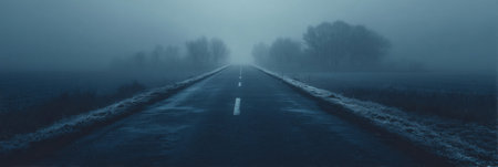 A straight road extends into the fog at twilight, bordered by dark trees, evoking a calm yet eerie atmosphere.の素材