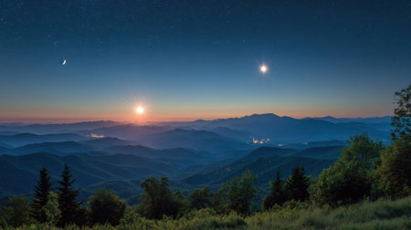 Twilight illuminates a vast mountain range as stars and planets sparkle in the clear night sky, creating a breathtaking view over the peaceful landscape.の素材