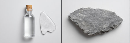 A glass bottle with a cork top stands next to a clear facial tool and a gray stone on a light background, highlighting natural beauty and skincare.の素材