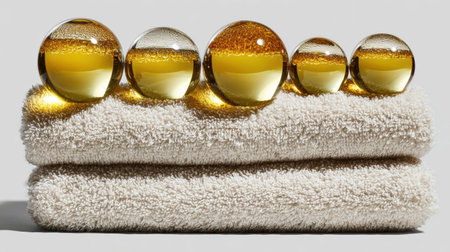Five glass spheres rest on stacked white towels, showcasing captivating reflections and textures against a bright, neutral background.の素材