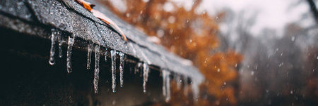 Raindrops fall on a wooden roof, where icicles hang delicately. Surrounding trees show orange and brown leaves, highlighting the beauty of autumn.の素材