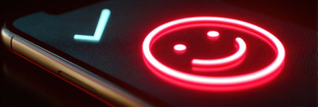 Bright neon smiley face lights up a smartphone screen alongside a checkmark symbol in a dark setting, showcasing a modern digital interaction.の素材