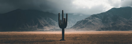 A solitary cactus rises in the vast desert, framed by rugged mountains and a stormy sky, creating a serene yet powerful atmosphere at dusk.の素材